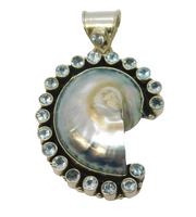Sterling Silver Abalone Shell & Blue Topaz Large Charm Pendant Vintage c1970s