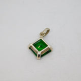 Sterling Silver Green Crystal Offset Square Drop Charm Pendant Modern c1990s