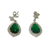 Pair of Sterling Silver Green & White Paste Peardrop Stud Earrings Vintage c1990