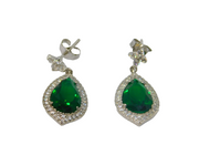 Pair of Sterling Silver Green & White Paste Peardrop Stud Earrings Vintage c1990