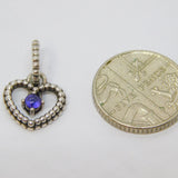 Sterling Silver Textured Open Heart & Purple Cabochon Charm Bead Vintage c2000