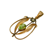Edwardian 9ct Gold, Peridot & Pearl Set Lavalier Drop Pendant Antique c1910