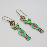Pair of Sterling Silver Green Cloisonne Enamel Cat Drop Earrings Vintage c1970