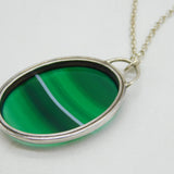Sterling Silver & Banded Green Agate Drop Pendant Necklace Vintage c1970