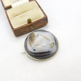 Victorian Sterling Silver Mounted Banded Agate Button Brooch Antique c1880
