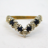 9ct Yellow Gold, Sapphire & Diamond Wishbone Dress Ring Vintage 1988 Birmingham