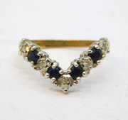 9ct Yellow Gold, Sapphire & Diamond Wishbone Dress Ring Vintage 1988 Birmingham