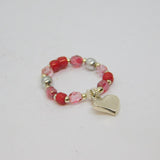 Sterling Silver Pink Beaded Stretch Heart Charm Ring Contemporary c2010 Size M-O