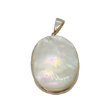 Sterling Silver Mother Of Pearl Shell Oval Form Drop Pendant Modern c1990s