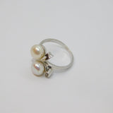 Sterling Silver Double Button Pearl & White Topaz Ring Vintage c1970 Size P