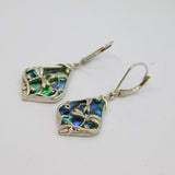 Pair of Sterling Silver Abalone Dragonfly Overlay Drop Earrings Modern c1990