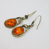 Pair of Sterling Silver Chunky Baltic Amber Floral Drop Earrings Vintage c1970