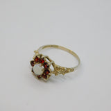 Sterling Silver 8 Garnet & Opal Cluster Dress Ring Vintage c1970 Size L 1/2