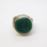 20th Century White Metal Green Agate Horse Signet Ring Antique c1920