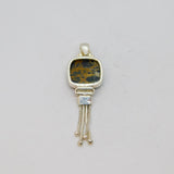 Sterling Silver Black & Brown Natural Stone Square Tassel Pendant Vintage c1970s