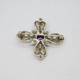 Sterling Silver Amethyst Floral Pattern Cross Brooch Pin Contemporary c1990