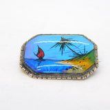 TLM Sterling Silver & Morpho Butterfly Wing Set Island Scene Brooch Antique