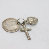 Victorian Sterling Silver Threepence, Cross & Heart Charm Pendant Antique 1898