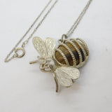 Sterling Silver & Tiger's Eye Set Bumble Bee Pendant Necklace Vintage