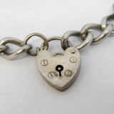 Sterling Silver Curb Link Charm Bracelet Heart Lock Vintage c1970 18cm Length