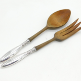 Handmade Sterling Silver Handled Olive Wood Salad Servers Vintage c1970