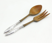 Handmade Sterling Silver Handled Olive Wood Salad Servers Vintage c1970