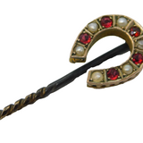 Victorian Sterling Silver Gilt, Garnet & Seed Pearl Horseshoe Stick Pin Antique