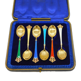 Magnus Aase Boxed Set of Sterling Silver Gilt & Enamel Teaspoons Antique c1920s