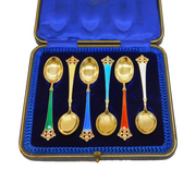Magnus Aase Boxed Set of Sterling Silver Gilt & Enamel Teaspoons Antique c1920s