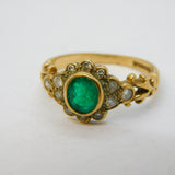 9ct Yellow Gold, Emerald & Diamond Floral Engagement Ring Vintage Birmingham