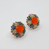 Pair of Sterling Silver Carnelian, Sapphire & Ruby Stud Earrings Modern c1990