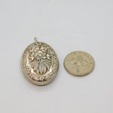 Sterling Silver Floral Relief Pattern Oval Drop Pendant Vintage c1970s