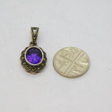 Sterling Silver Amethyst & Marcasite Art Deco Oval Drop Pendant Antique c1930s