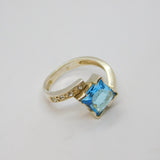 Sterling Silver Blue Topaz & Crystal Diagonal Band Ring Vintage c1990 Size M 1/2