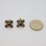 Pair of Sterling Silver Swirly Pattern Garnet Set Stud Earrings Vintage c1970