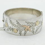 Art Deco Sterling Silver & Gold Flower & Swallow Pattern Cuff Bangle Antique