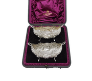 Scottish Victorian Boxed Pair of Sterling Silver Floral Bowls Antique Glasgow