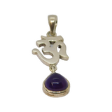 Sterling Silver Ohm Symbol & Amethyst Cabochon Drop Charm Pendant Vintage c1970