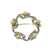 Sterling Silver Paste & 5 Pearl Open Circle Brooch Pin Vintage c1970