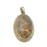 Sterling Silver Cabochon Banded Agate Beaded Edge Oval Pendant Vintage c1970s