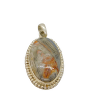 Sterling Silver Cabochon Banded Agate Beaded Edge Oval Pendant Vintage c1970s
