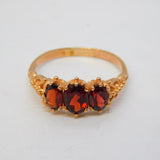 9ct Yellow Gold & Bohemian Garnet Three-Stone Dress Ring Vintage c1970s