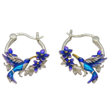 Pair of Sterling Silver Colourful Enamel Hummingbird Hoop Earrings Modern c1990