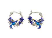 Pair of Sterling Silver Colourful Enamel Hummingbird Hoop Earrings Modern c1990