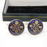 Boxed Pair of Silver Plated Vitreous Enamel Sixpence Coin Cufflinks Vintage