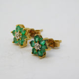 9ct Yellow Gold, Emerald & Diamond Set Floral Cluster Stud Earrings Vintage