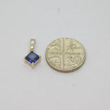 Sterling Silver Blue CZ Offset Square Delicate Charm Pendant Modern c2000s