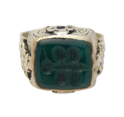 20th Century White Metal Green Agate Insect Intaglio Signet Ring Antique c1920