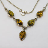 Sterling Silver & Cabochon Green Amber Drop Necklace Vintage c1970