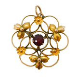 Edwardian 9ct Gold & Garnet Set Floral Lavalier Pendant Antique c1910
